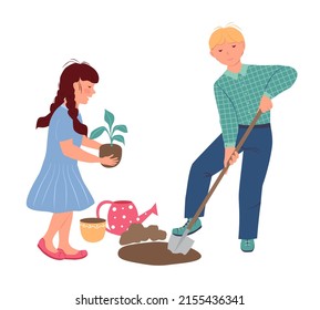Children plant a plant. Boy in jeans and a shirt is digging the ground with a shovel. Little girl in blue dress holds a flower in her hands. Vector Illustration in flat style on white background.