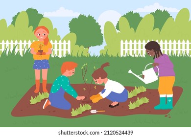 Children plant seedling together in garden or backyard of house vector illustration. Cartoon happy little gardeners growing tree, boys and girls volunteers care nature, save ecology background