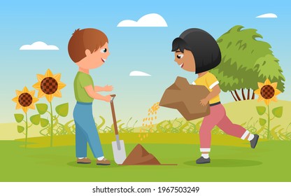 Children plant seeds vector illustration. Cartoon funny child boy character holding shovel, little happy farmer girl kid planting seeds in green grass of agriculture summer farm landscape background