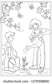 Children plant a tree. Black and white vector illustration for coloring book