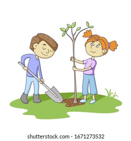 Los niños plantan un árbol. Un niño está cavando con una pala, una chica sostiene una semilla. Dibujo de caricaturas hueco aislado de fondo blanco.