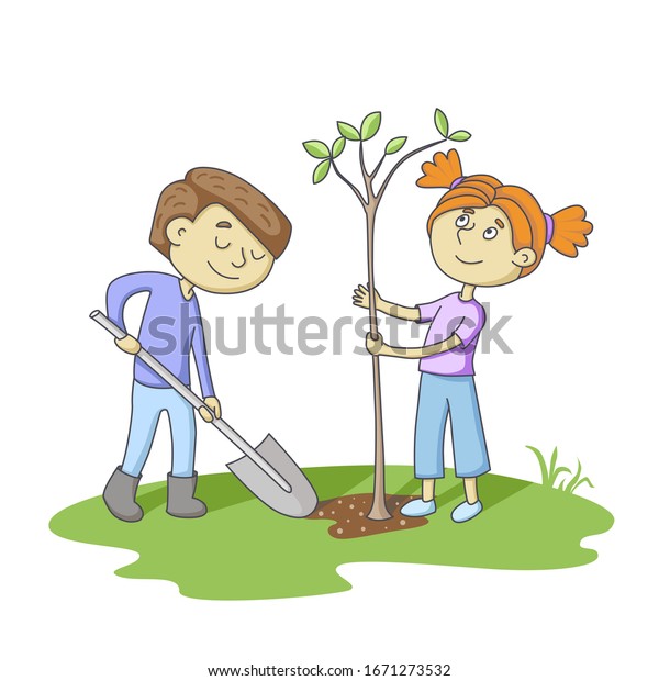 Children Plant Tree Boy Digging Shovel Stock Vector (Royalty Free ...