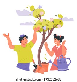 Children plant trees for the Jewish spring holiday Tu Bishvat, flat vector illustration on white background. Happy kids cartoon characters celebrating Tu Bishvat.