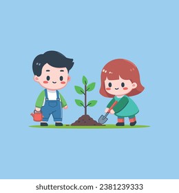 Children plant trees to preserve the green environment and tackle climate change vector illustration concept