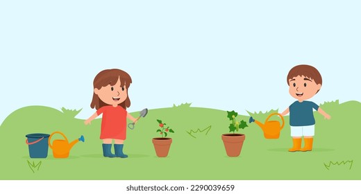 Los niños plantaron tomates y pepinos. Un niño y una niña en el jardín. ilustración vectorial en un estilo de dibujo plano