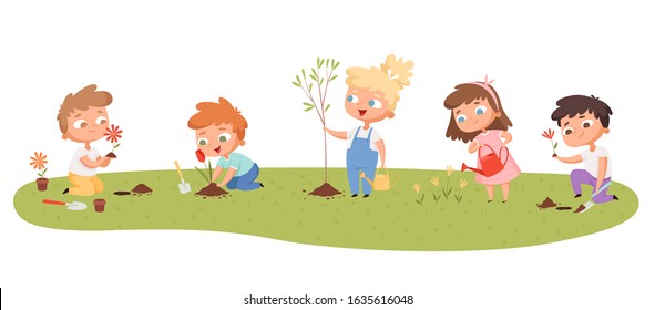 Children Planting. Eco Green Protection Kids Gardening Natural Plants Trees Vector Cartoon Set