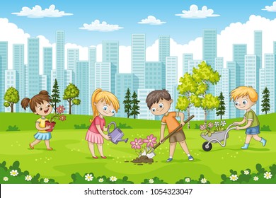 Children are planting flowers in a park