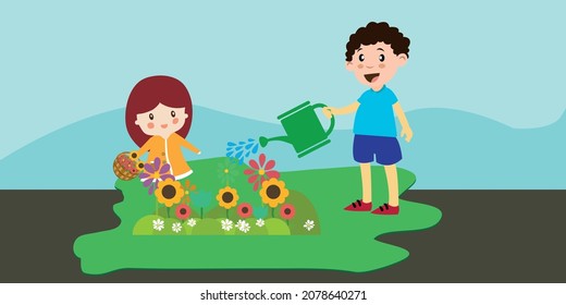 children planting flowers theme colorful design style. happy cute little kid boy and girl plant flower