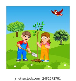 children planting a tree in the park.vector illustration