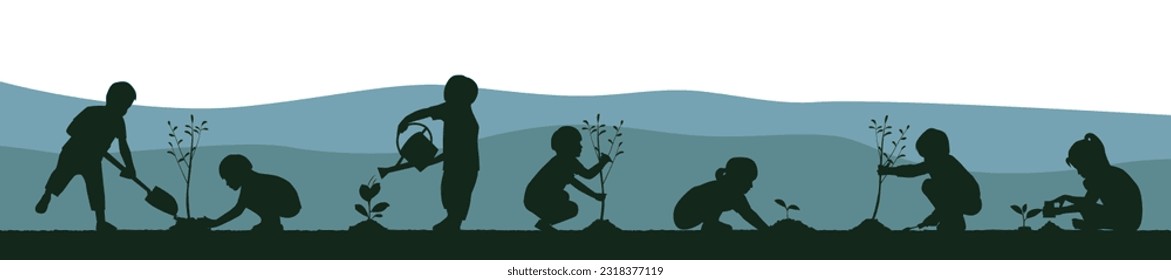 Children planting tree silhouette illustration