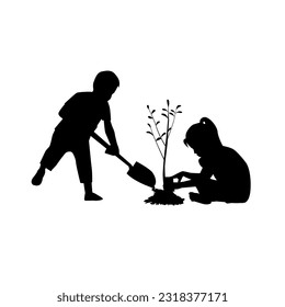 Children planting tree silhouette illustration