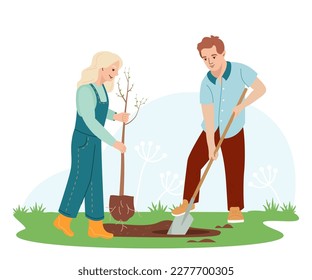 Children planting tree in spring. Kids working in garden. Vector illustration for environment protection, nature care, volunteering, education concepts. Youth work together for a better environment.