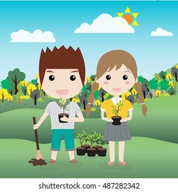 children planting a tree vector illustration