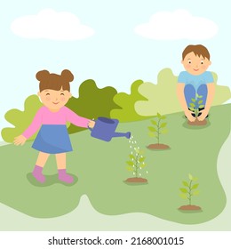 Children Are Planting Trees In The Garden, Children's Activities During The Semester Break.