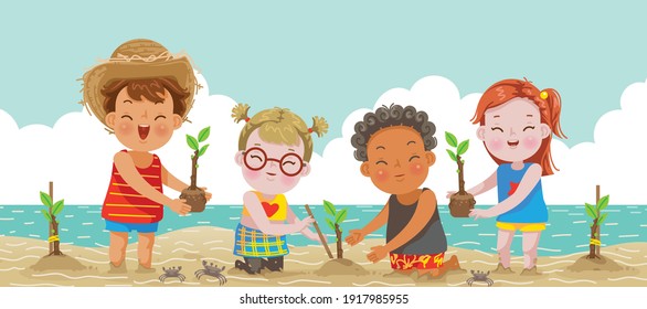 Children planting trees. kids help save the world by plant trees.Ecotourism and reduce global warming. Travel and vacation during the summer holidays on the island. vector and illustration.