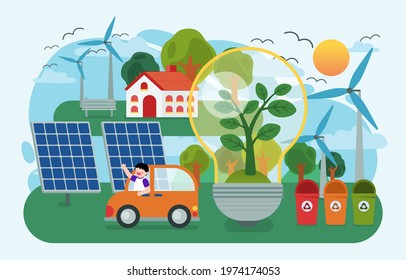 The children planting trees and using renewable energy from nature with Solar energy From solar panel and wind turbine, Happy earth day concept, vector illustration