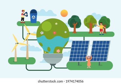 The children planting trees and using renewable energy from nature with Solar energy From solar panel and wind turbine, Happy earth day concept, vector illustration