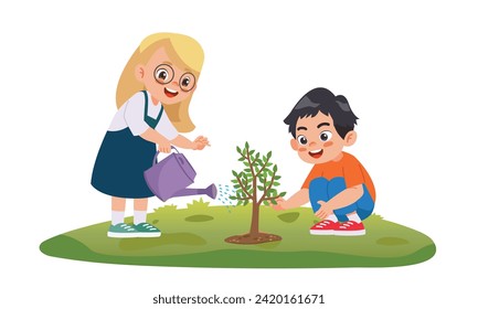 Children are planting trees and watering trees.vector illustration isolated