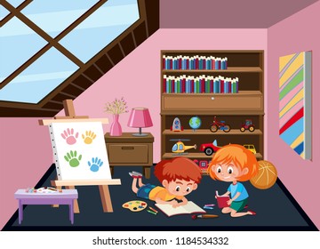 Children plating toy at attic room illustration