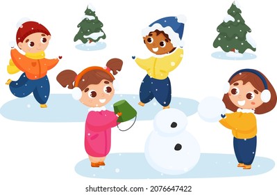 Los niños juegan con juegos de invierno. Hacen un muñeco de nieve, tiran bolas de nieve.Ilustración vectorial