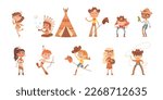 Children play American Indians and cowboys set vector illustration. Cartoon isolated boys and girls wear native tribe costumes playing with bow and arrow near tent, cowboys riding wooden horses