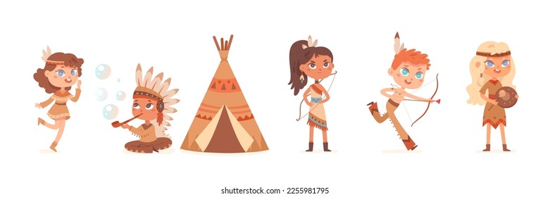 Children play American Indians set vector illustration. Cartoon isolated little boys and girls playing with tribal bow and arrow and dancing in native ethnic costumes, funny kid blowing soap bubble