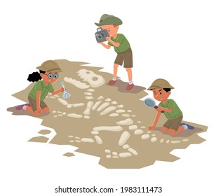 Children play archaeologists. Excavation of a dinosaur skeleton. Isometric illustration