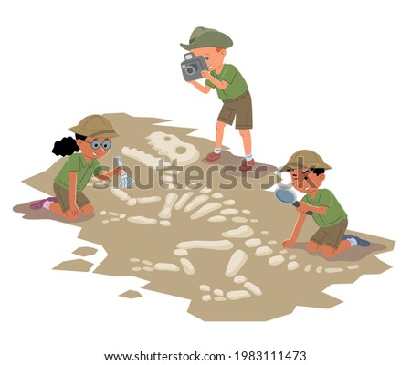 Children play archaeologists. Excavation of a dinosaur skeleton. Isometric illustration Foto d'archivio © 