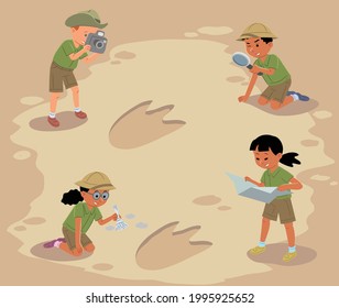 Children play. Archaeologists study the dinosaur footprint. Vector llustration 