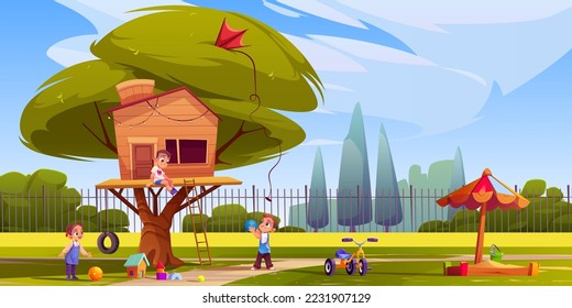 Children play around tree house on street, kids hangout at secret hut camp. Girls and boys fooling, having fun in good mood. Summer outdoors activities, adventure, leisure, Cartoon vector illustration