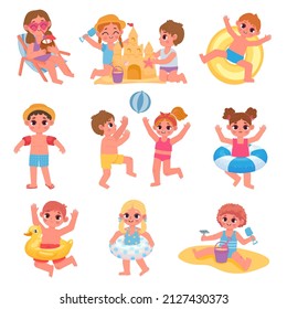 Children play ball at beach, swim and make sand castle. Cartoon kids characters in swimsuits at summer vacation at sea. Pool kids vector set of summer beach, girl and boy recreation