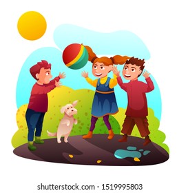 Children play ball game flat vector illustration. Cute kids throwing rubber toy to little boy cartoon characters. Adorable toddlers walking outdoors with puppy, enjoying warm autumn weather