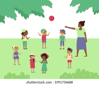 Children play ball in nature under the supervision of a teacher. Boys and girls have fun in the park. International children in headdresses. Flat vector illustrations.