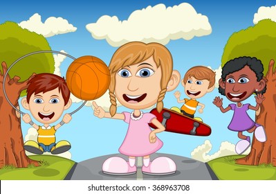 Children play basketball, jumping rope, and skateboard on the street cartoon vector illustration                       