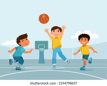 Children play basketball in the outdoor basketball court.