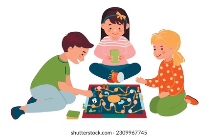 Children play a board game.Little smiling boy and girls have fun together.Happy characters in different poses and wearing printed clothes.Vector cartoon flat style illustration on a white background.