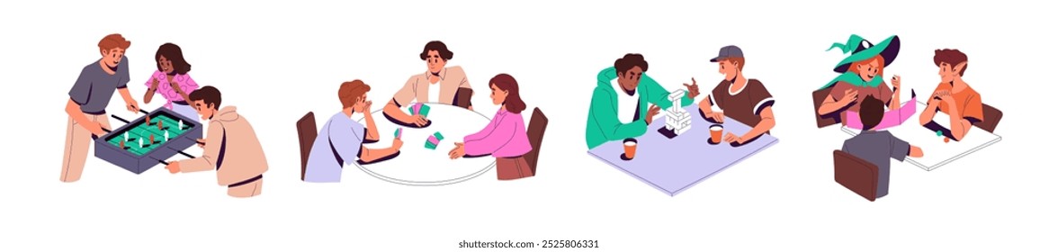 Children play boardgames set. Happy friends have fun with board games indoors: dices, cards, table soccer, jigsaw. People spend time together at home. Flat vector illustrations isolated on white.