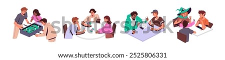 Children play boardgames set. Happy friends have fun with board games indoors: dices, cards, table soccer, jigsaw. People spend time together at home. Flat vector illustrations isolated on white.