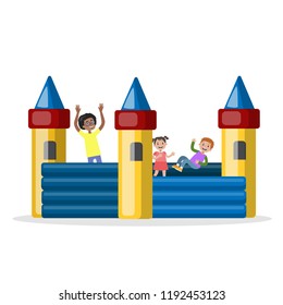 Children Play In The Bouncy Castle. Happy Kid Having Fun In The Amusement Park. Isolated Flat Vector Illustration