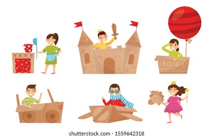 Children play with cardboard items. Vector illustration.