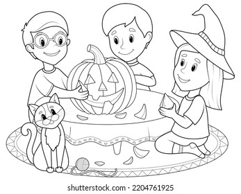 Children play, carve a pumpkin for halloween. Coloring book, vector.