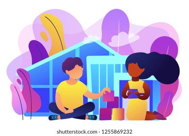 Children Play In Center Giving Information About Treatment Of ASD. Autism Center, Treatment Of Autism Spectrum Disorder, Kids Autism Help Concept. Bright Vibrant Violet Vector Isolated Illustration