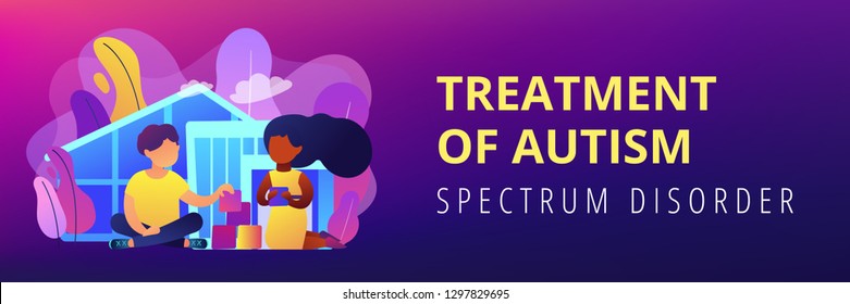 Children play in center giving information about treatment of ASD. Autism center, treatment of autism spectrum disorder, kids autism help concept. Header or footer banner template with copy space.