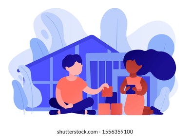 Children play in center giving information about treatment of ASD. Autism center, treatment of autism spectrum disorder, kids autism help concept. Pinkish coral bluevector vector isolated illustration