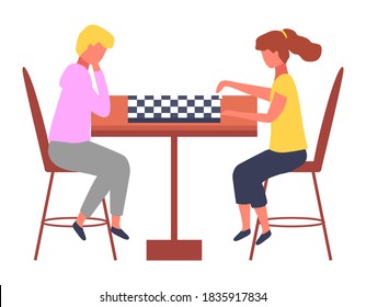 Children play chess. A girl and a boy play an intellectual game. The development of logical thinking. Learning and entertainment. Two thinking smart players children characters playing chess