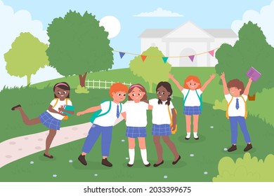 Children play in city park or schoolyard, kids back to school to study vector illustration. Cartoon group of girl boy student child characters with schoolbags playing near school building background