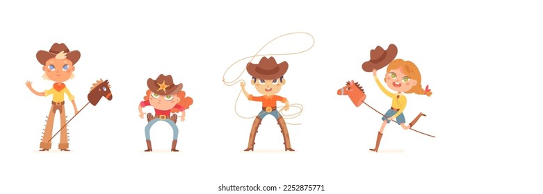 Los niños juegan a los vaqueros como ilustración vectorial. Caricatura aislada niños y niñas usan disfraces de sheriff, botas de sombrero y cuero, niños pequeños jugando con lazo de cuerda y caballo de madera en juegos salvajes del oeste