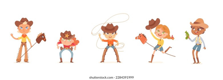 Children play cowboys set vector illustration. Cartoon isolated boys and girls wear sheriff costume, hat and leather boots, little kids playing with rope lasso and wooden horse in wild West games.