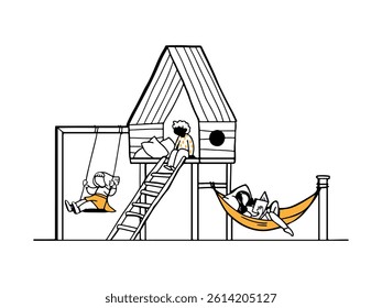Children play in a cozy playhouse, a boy relaxes in a house, girls swing on a swing and in a hammock. Vector hand-drawn stylish black and white illustration.