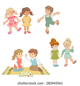 Children play, dance, talk, read a book boys and girls. A set of characters.